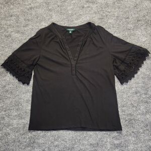 LRL Ralph Lauren Split Neck Shirt Womens Large 100% Cotton Lace Crochet Trim